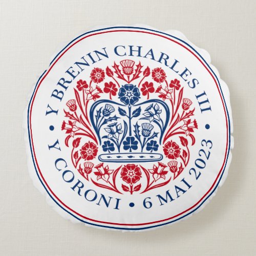 King Charles III Royal Coronation Red Blue Emblem Round Pillow