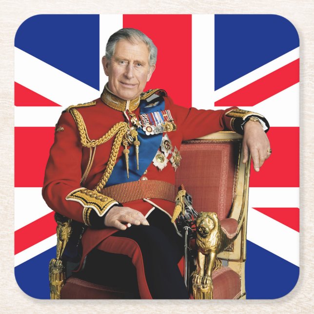 King Charles III with British flag Square Paper Coaster (Front)