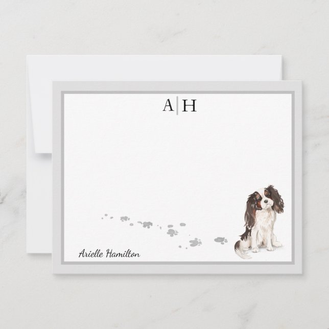 King Charles Spaniel Gray Border Monogram Note Card (Front)