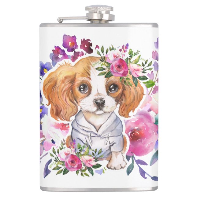 King Charles Spaniel with Flowers Classic Mug Flask (Front)