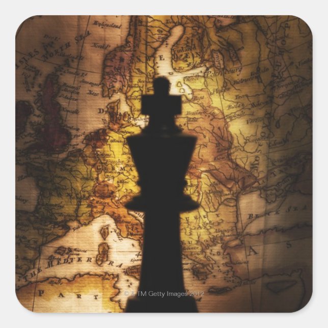 King chess piece on old world map square sticker (Front)