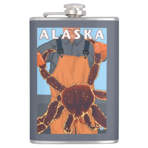King Crab and Fisherman Vintage Travel Poster Flask