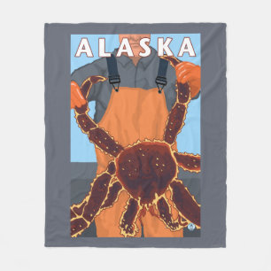 King Crab and Fisherman Vintage Travel Poster Fleece Blanket