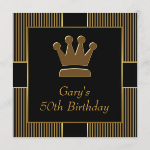 King Crown Mans Black Gold Birthday Party Invitation