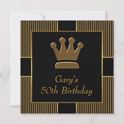 King Crown Mans Black Gold Birthday Party Personalized Invites