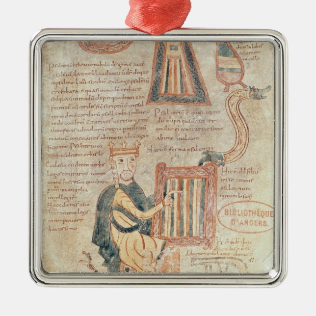 King David playing a psaltery from a psalter Metal Ornament (Front)