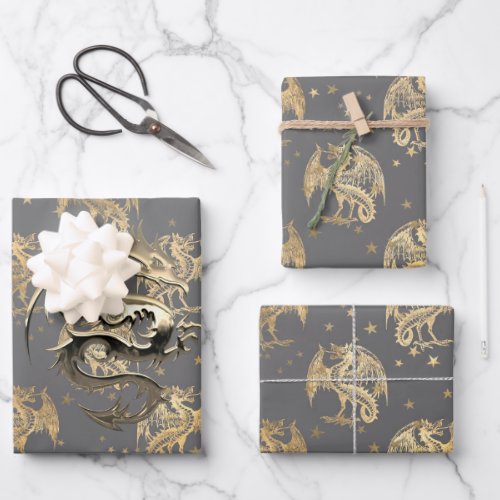 King Dragon and Gold Stars Wrapping Paper Sheets