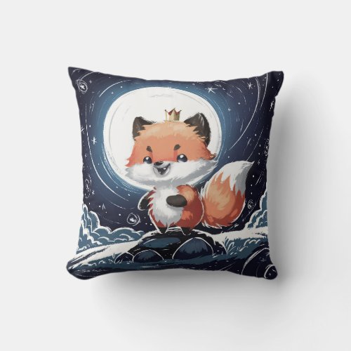 King Fox on Top of a Rock with Full Moon in Back Throw Pillow