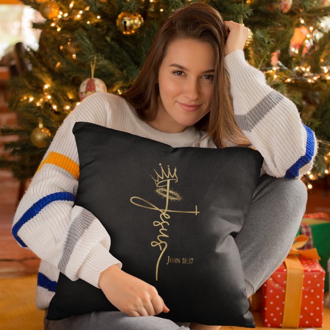 KING JESUS Elegant Black/Gold Christian Christmas  Throw Pillow (Creator Uploaded)