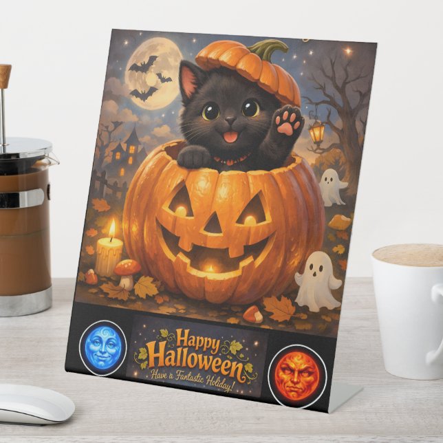 King kitty happy Halloween pedestal Sign (In SItu)
