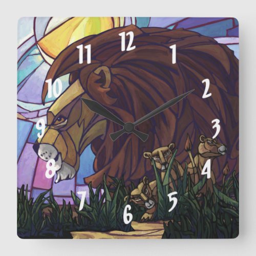 King Lion and Cubs Square Wall Clock