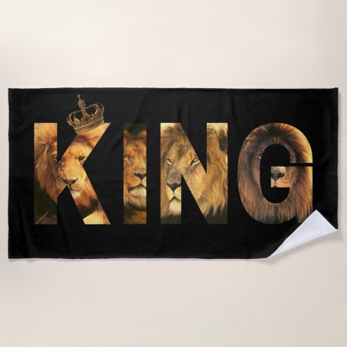 KING Lion Lettering Design on Black Beach Towel