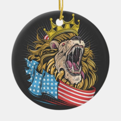 KING LION WITH AMERICAN FLAG CERAMIC ORNAMENT