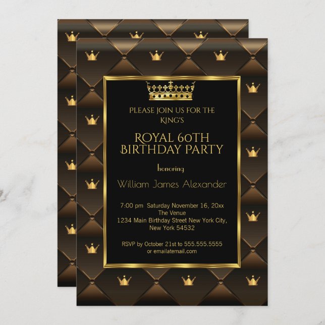 King Mans 60th Birthday Party Crown Gold Brown Invitation (Front/Back)