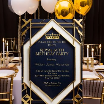 King Mans 60th Birthday Party Crown Gold Navy Blue Invitation by Zizzago at Zazzle