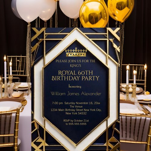 King Mans 60th Birthday Party Crown Gold Navy blue Invitation