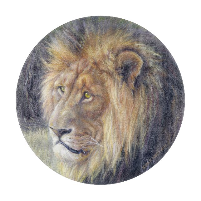 King of Beasts 12" round glass cutting board. Board (Front)