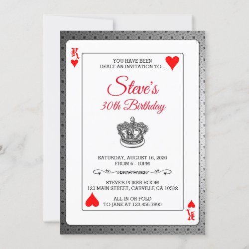 King of Hearts Poker Playing Cards Birthday Invite
