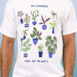 King of Plants Personalized T-Shirt<br><div class="desc">Perfect for anyone with a green thumb or fingers, this personalized King of Plants design features a fun houseplant pattern, with colorful cacti, succulents, and other plants in navy and cobalt blue plant pots. Ideal for any gardener or plant person. Change the name and text to customize. Original art by...</div>