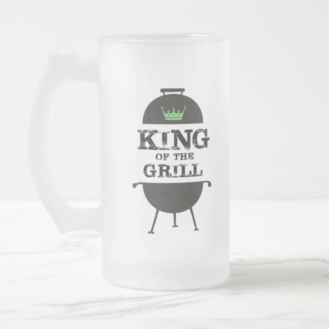 King Of The Grill, Black Green Crown Frosted Glass Beer Mug (Left)