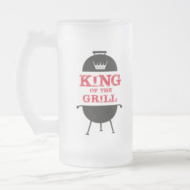 King Of The Grill, Black White Crown Red Frosted Glass Beer Mug (Left)