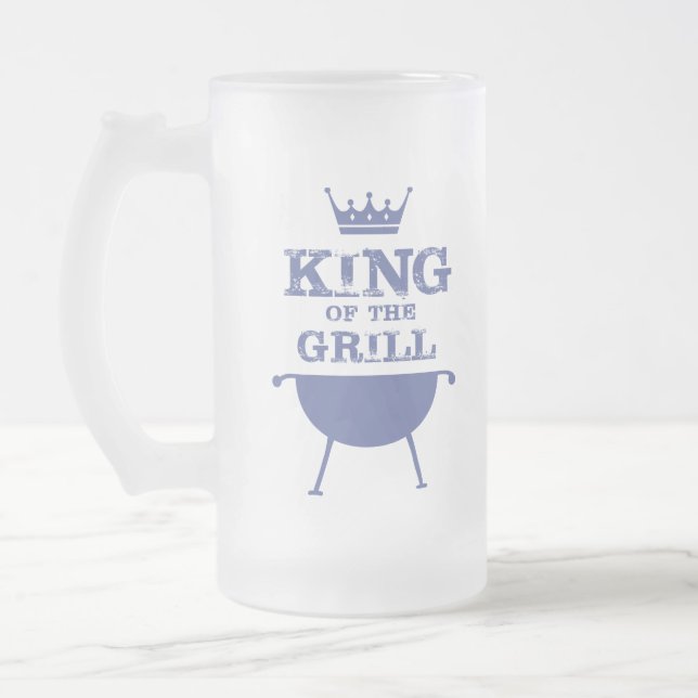 King Of The Grill, Blue Frosted Glass Beer Mug (Left)