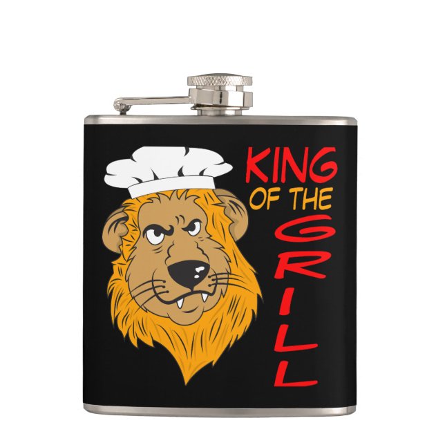 King of the Grill, Lion Chef, Funny Black Flask (Front)