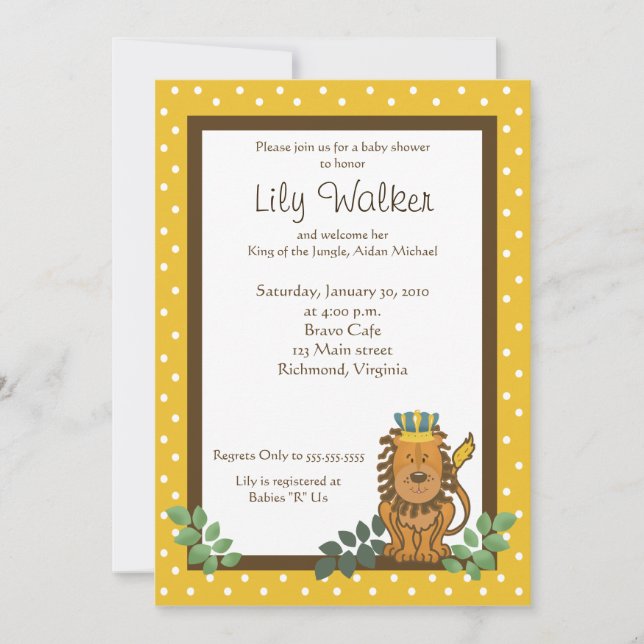 King of the Jungle Lion Baby Shower 5x7 Invite (Front)