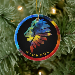 King of the jungle lion watercolor name monogram ceramic ornament