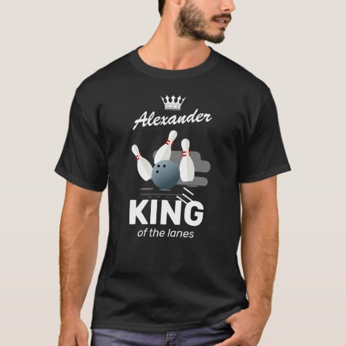 King of the Lanes Bowling Pin T-Shirt - Cute bowling alley t-shirt featuring a kings crown, some bowling pins and ball, your name, and the saying "king of the lanes".