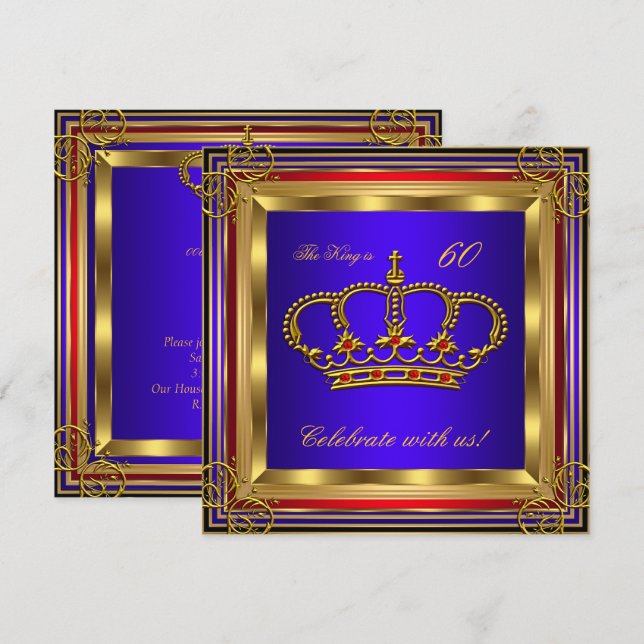 King or Prince Royal Blue Red Gold Birthday Party Invitation (Front/Back)