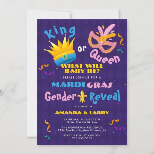 King or Queen Mardi Gras Gender Reveal Invitation