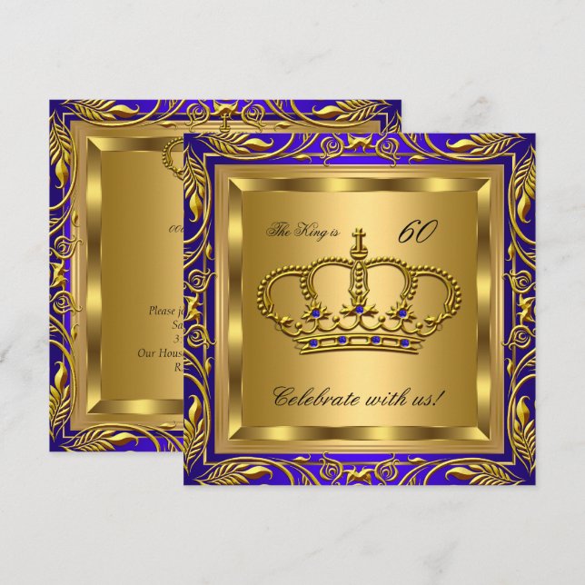 King or Queen Royal Blue Gold Birthday Party Invitation (Front/Back)