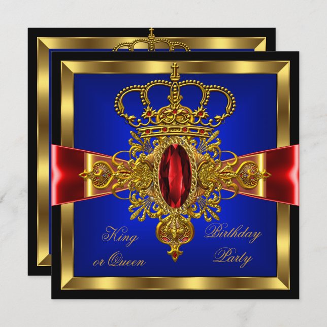 King or Queen Royal Blue Red Birthday Party Invitation (Front/Back)