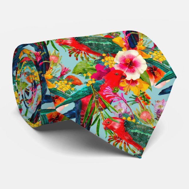 King Parrot Tropical Blooms Pattern Neck Tie (Rolled)