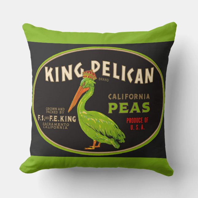 King Pelican California peas crate label Throw Pillow (Front)