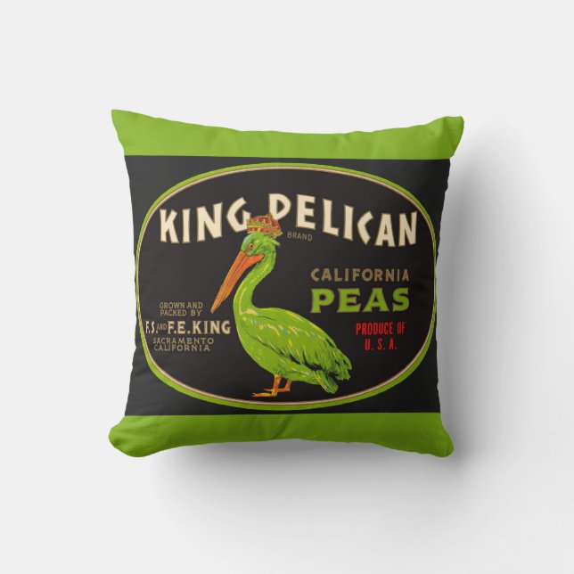 King Pelican California peas crate label Throw Pillow (Front)