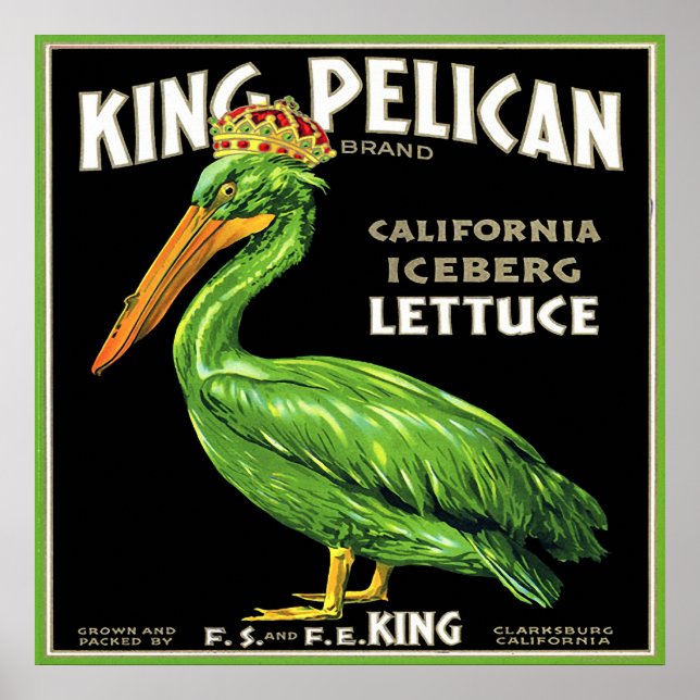 KING PELICAN ICEBERG LETTUGE VINTAGE CRATE LABEL POSTER (Front)