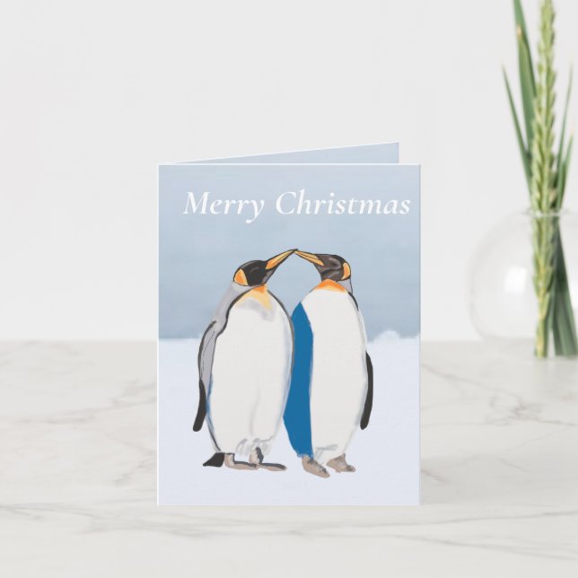 King Penguin Pair Kissing Christmas editable  Card (Front)