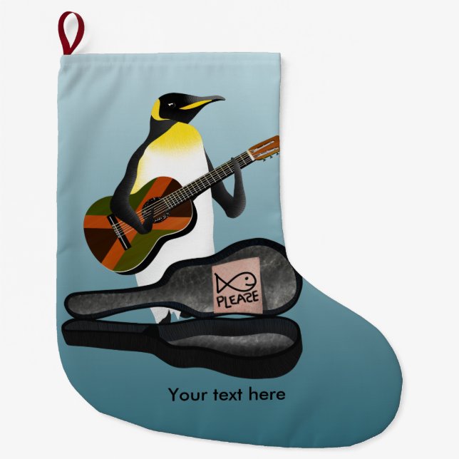 King Penguin Reggae Guitar Large Christmas Stocking (Front)