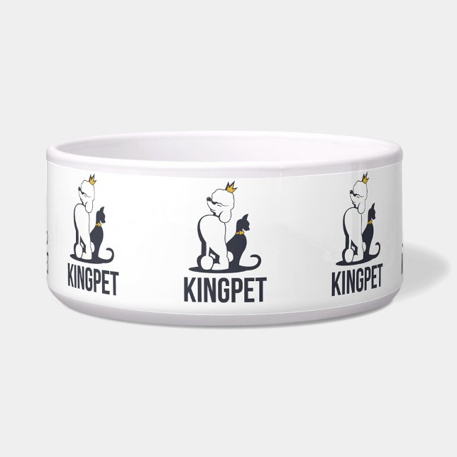 King-Pet Bowl (A white pet bowl with the words "KINGPET" and a cartoon of a dog and cat wearing crowns. )