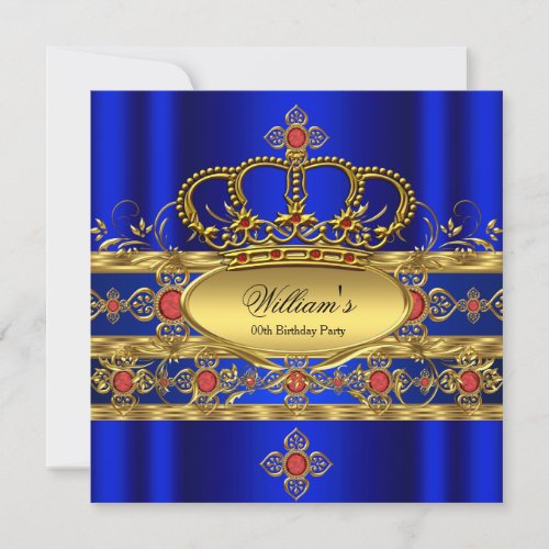 King Prince Royal Blue Gold Red Crown Birthday 3 Invitation
