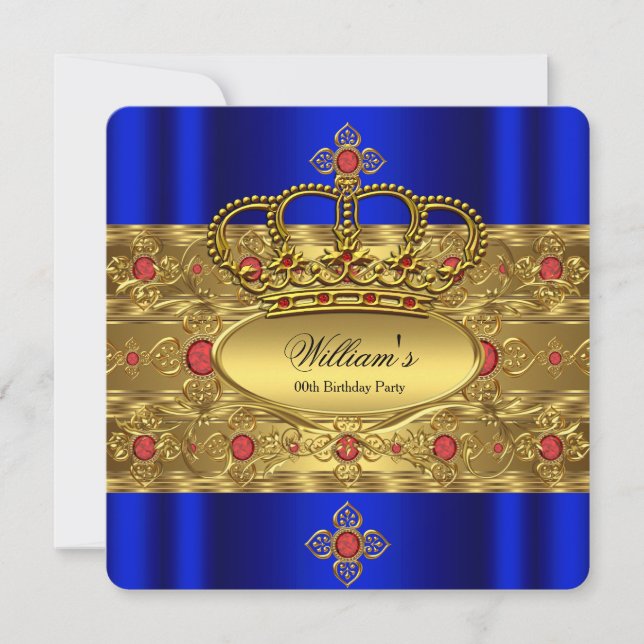 King Prince Royal Blue Gold Red Crown Birthday Invitation (Front)