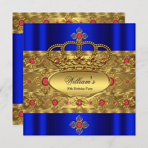 King Prince Royal Blue Gold Red Crown Birthday Invitation