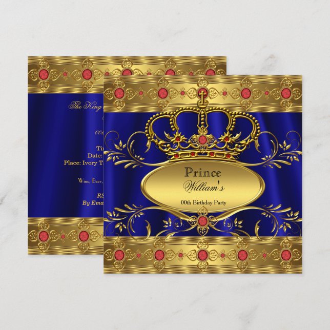 King Prince Royal Blue Regal Red Crown Birthday 2 Invitation (Front/Back)