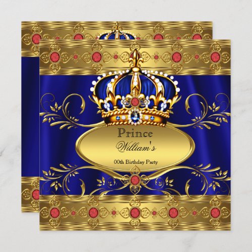 King Prince Royal Blue Regal Red Crown Birthday 3 Invitation