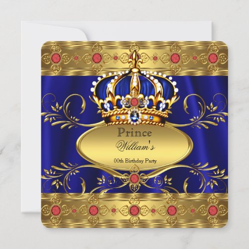 King Prince Royal Blue Regal Red Crown Birthday 3 Invitation