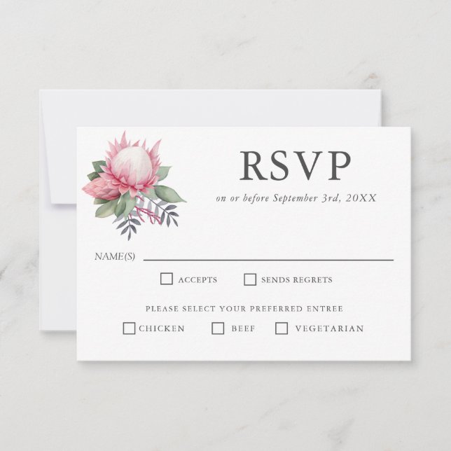 King Protea Botanical Wedding RSVP Entree Choices (Front)