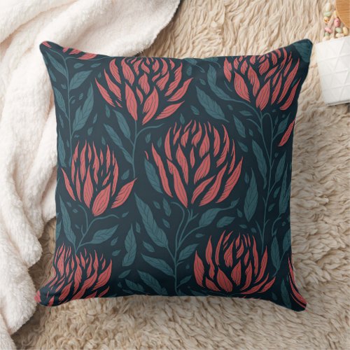 King Protea Flower Pattern  Native South Africa Throw Pillow