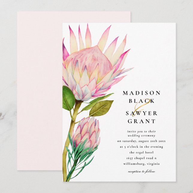 King Protea Pink Floral Wedding Invitation (Front/Back)
